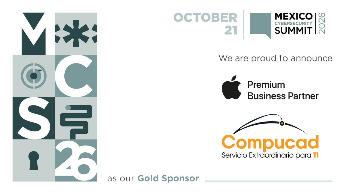 MexicoCyber's tweet photo. We welcome Compucad, Apple Premium Business Partner, as a Gold Sponsor of #MexicoCybersecuritySummit 2026.
With 38+ years of experience, Compucad helps organizations transform IT into greater security, efficiency, and business value.
October 21: https://t.co/ZCHQREuVCr https://t.co/BugnUCLe8F
