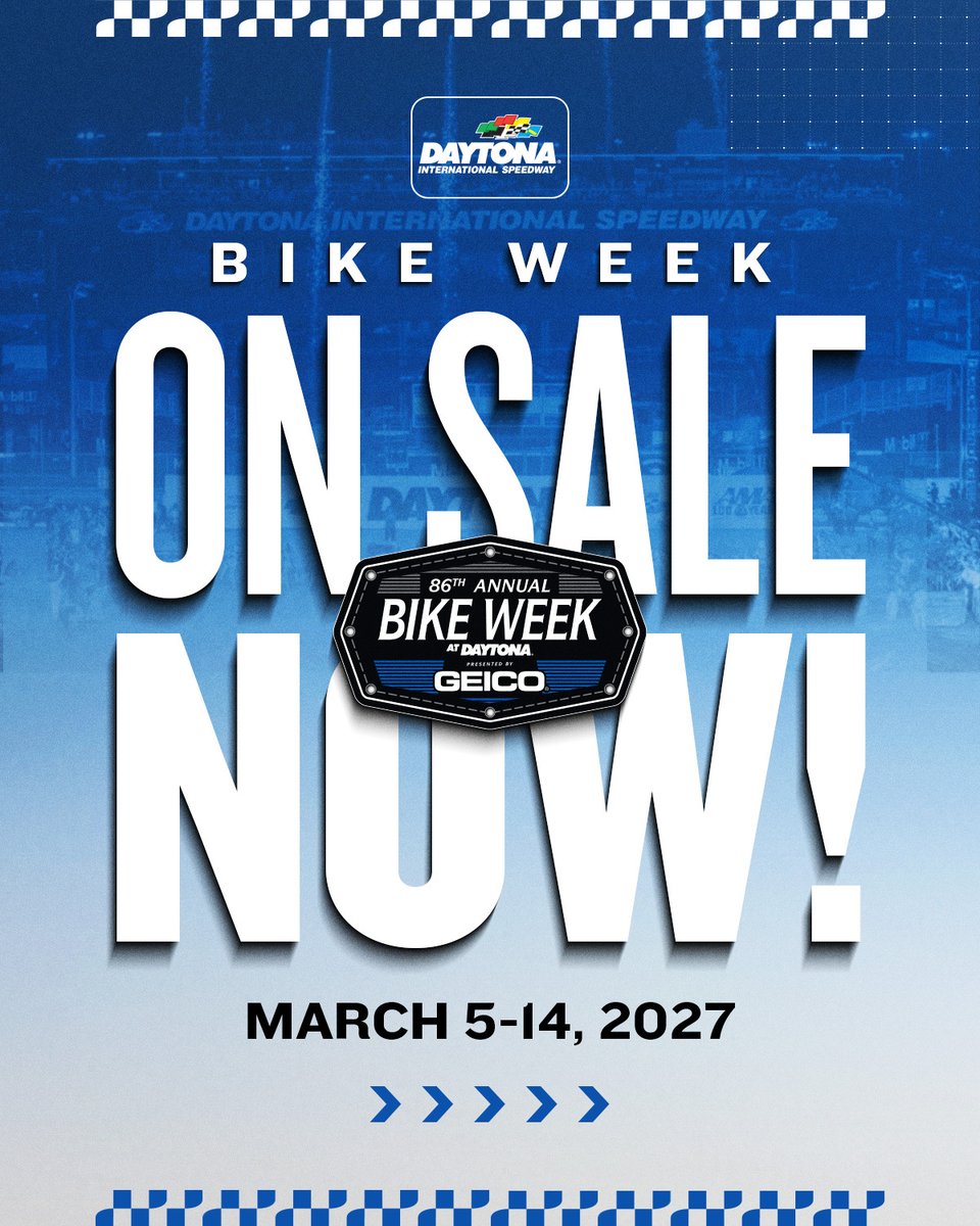 DAYTONA's tweet photo. A full lineup of motorcycle racing action next March. 👀

Tickets for #BikeWeek presented by @geico are available now!

🎟️: https://t.co/6I8id3DMuo https://t.co/X9EjOk6opd