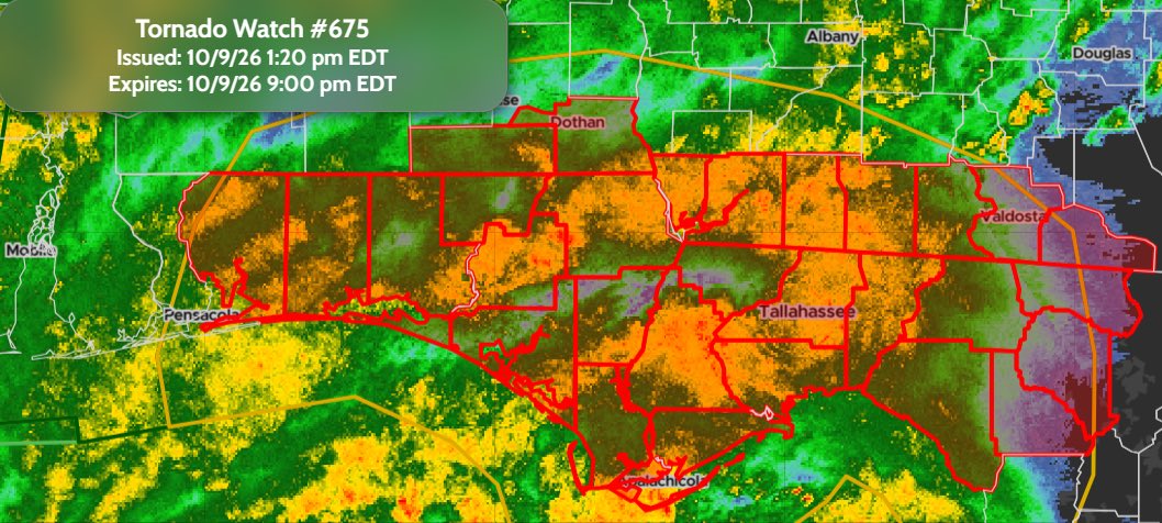StormTrackingHQ's tweet photo. #TornadoWatch 0675 has been issued for parts of #Florida, #Georgia and #Alabama until 9:00 pm EDT #wxtwitter #wxX #wx #Tropicalwx #Tropics #Tropicswx #HurricaneSeason #Hurricaneseason2026 #Hurricane #Category3 #HurricaneIsaias #Isaias #severewx #severe #severeweather #SlightRisk #DixieAlley #Tornado #flwx #FLwx #gawx #GAwx #alwx #ALwx #PanamaCity #PerryFL #Valdosta #Dothan #Tallahassee
Probability Hazards
#Tornadoes
60/20%
#Wind
<5/<5%
#Hail
<5/<5%
Combined Severe Hail/Wind
20%
Tornadoes
A few #tornadoes likely
Hail
Isolated #hail up to half inch size possible
Wind
Isolated gusts up to 60 MPH possible
Population
1,668,444
Schools
504
Hospitals
47