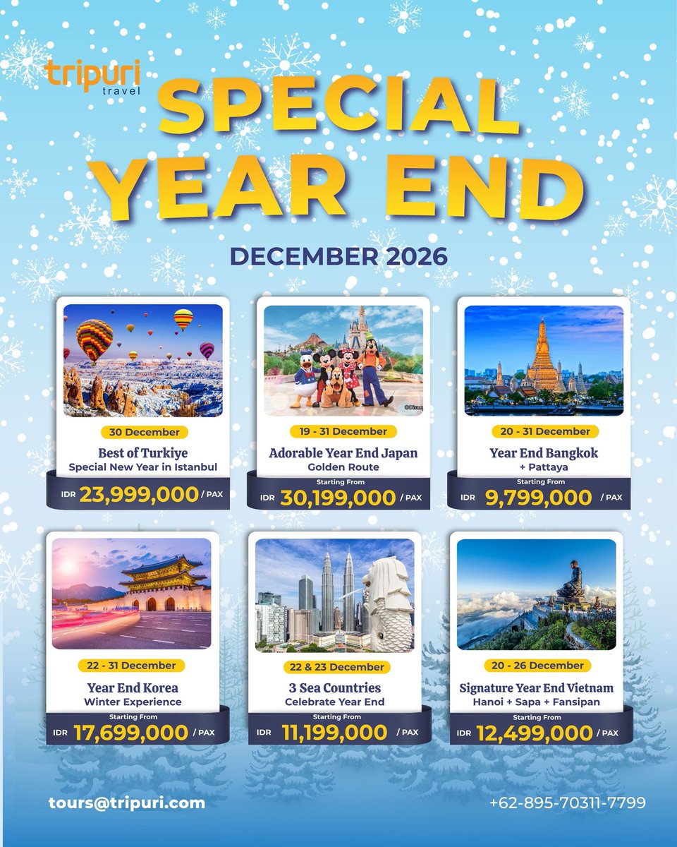 MatheusSLB's tweet photo. Tutup 2026 dengan liburan impian bersama Tripuri Travel. Pilih Jepang, Turkiye, Thailand, Korea, Malaysia, atau Vietnam. Promo Year End Desember 2026, seat terbatas. Booking sekarang! https://t.co/6P2EVJqxnV