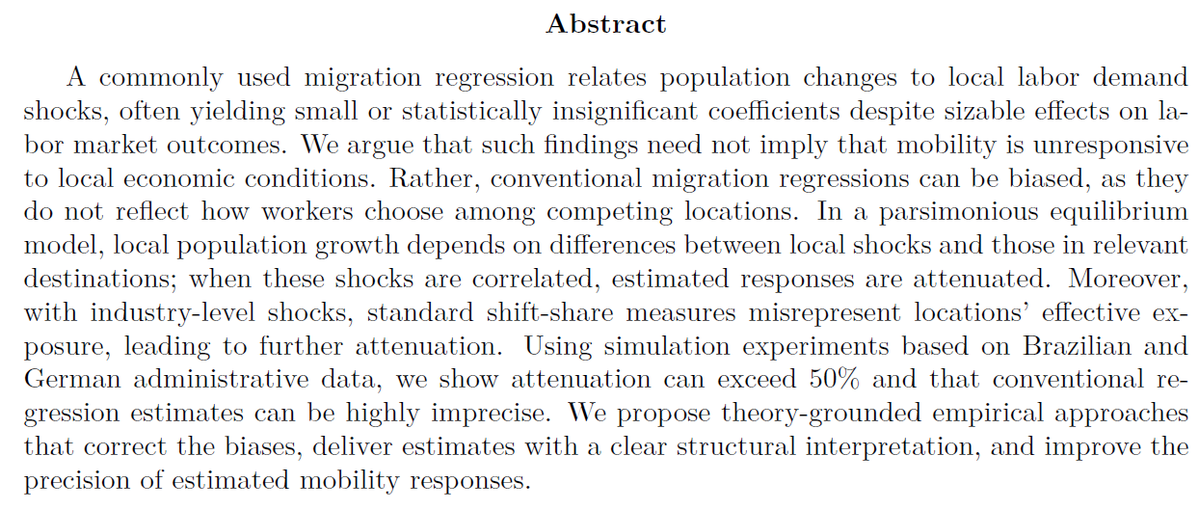 dix_rafael's tweet photo. 🚨Understanding Migration Responses to Local Shocks

New version of paper with @borusyak and Brian Kovak!

1/6 Many papers find that local labor demand shocks have sizable effects on wages and employment, but surprisingly small or imprecise effects on local population. https://t.co/uLEaB7FQ6l