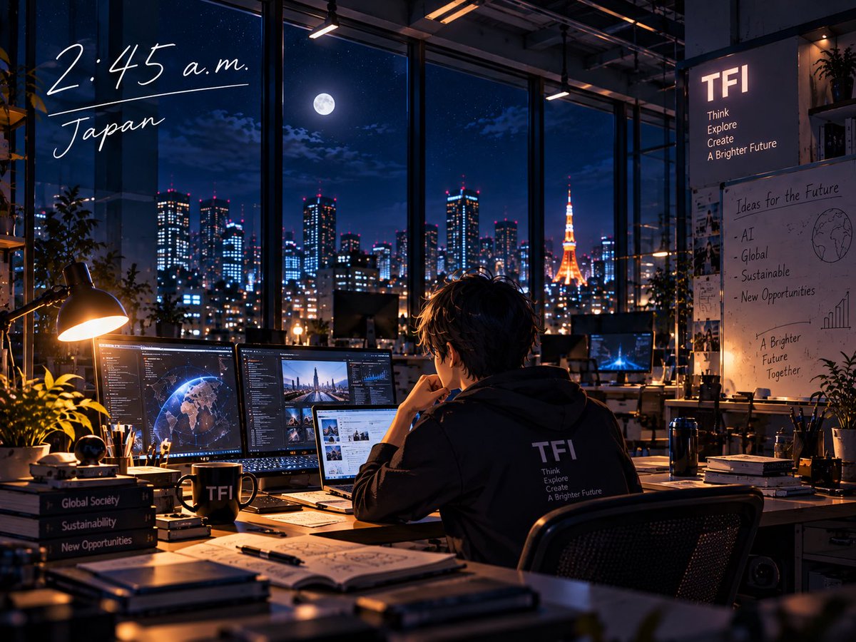 TFI_japan's tweet photo. 🌙 午前2時45分、日本。

誰もいない、真夜中の研究所。

静かなこの時間が好きだ。

未来を想像したり、アイデアを考えたり。
誰にも邪魔されず、自由に思いを巡らせる。

まだ見ぬ未来に、ちょっとワクワクする。

研究員ASUNOの深夜のひととき。

#あすみら https://t.co/FLSTk1kWDU