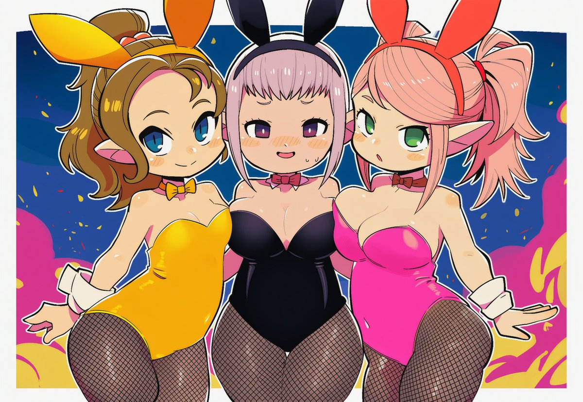 bleak_kiwi's tweet photo. Krile, Tataru and Nanamo; Late night shifts at the Gold Saucer? All Saints' Wake costume party? Or trying to warm the Warrior of Light up to something? https://t.co/IXR7ity8kN