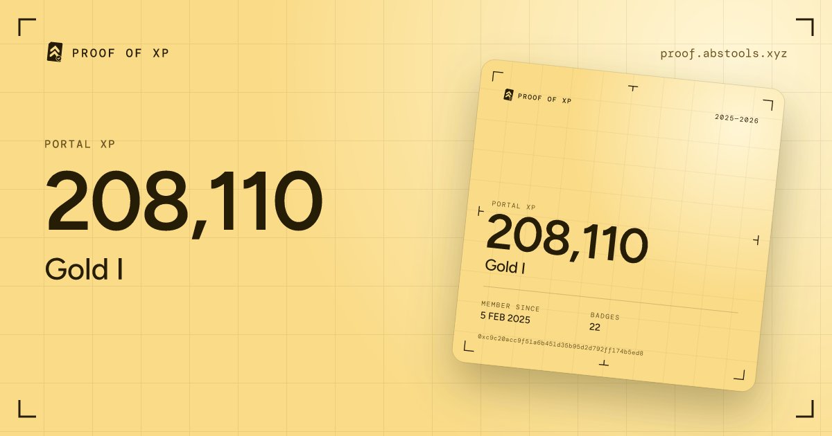 Den1492076's tweet photo. My Abstract XP, now onchain on Ethereum: 208,110 XP · Gold I.

Abstract closes Dec 15. Claim your proof: https://t.co/vFOlKN6jR6 https://t.co/JRnYr2CeZO