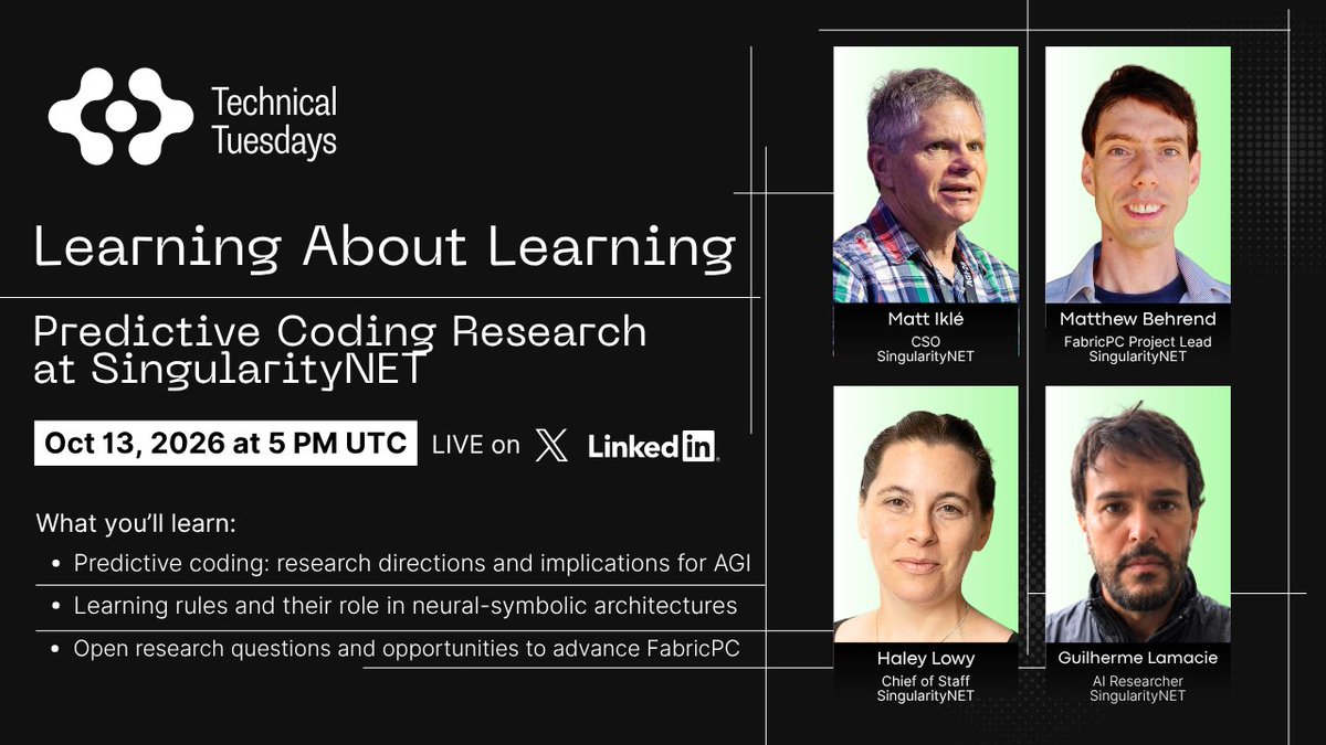 ASI_Alliance's tweet photo. Most modern neural networks are trained using backpropagation, but it is not the only way they can learn.

Within our AGI research program, we are investigating how predictive coding's architectural flexibility and local learning rules could help mitigate catastrophic forgetting, support decentralized training, and enable more energy-efficient computation.

On Tuesday, October 13, at 5 PM UTC, our host, Haley Lowy, will be joined by Matt Iklé, Matthew Behrend, and Guilherme Lamacie to discuss:

• The scientific motivations behind our predictive coding research, the approaches under investigation, and their potential contribution to AGI.

• The relationship between predictive coding and backpropagation, and how different learning mechanisms could support neural-symbolic architectures.

• Open research questions, priorities for further experimentation, and opportunities to contribute through FabricPC.

Watch live on the ASI Alliance’s X account or set a reminder on LinkedIn: https://t.co/kKw2IACRUh