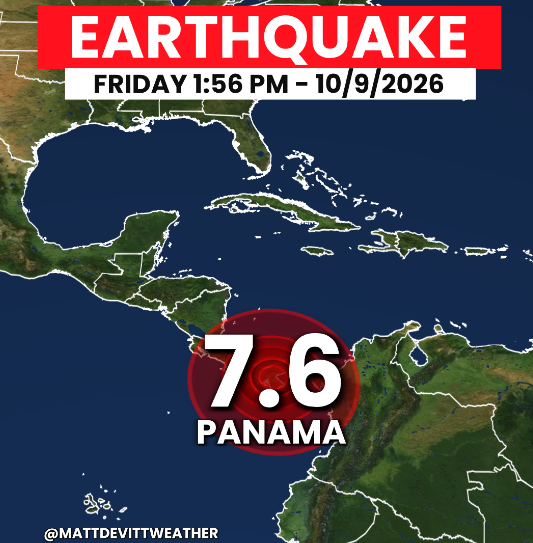 MattDevittWX's tweet photo. #BREAKING: Large 7.6 Earthquake just occurred in Central America across southern Panama this afternoon. There is a potential tsunami threat along the western coast of Panama, Colombia, Nicaragua, Guatemala, Mexico, Peru, El Salvador and Costa Rica. No threat for the US West Coast. I'll continue to keep you updated.