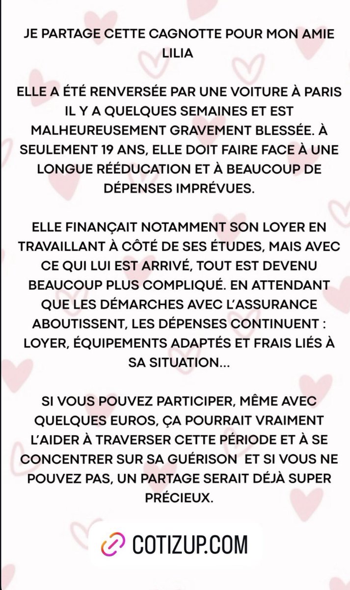 sonixaaa's tweet photo. Coucou tout le monde, mon amie a été renversée par une voiture il y a maintenant quelques semaines. Les dépenses liées aux soins sont lourdes étant donné sa situation d'étudiante etc.. (tout est écrit ci-dessous). Un partage pour soutenir serait très appréciable 🩷🙏 https://t.co/cf2gLpR34l