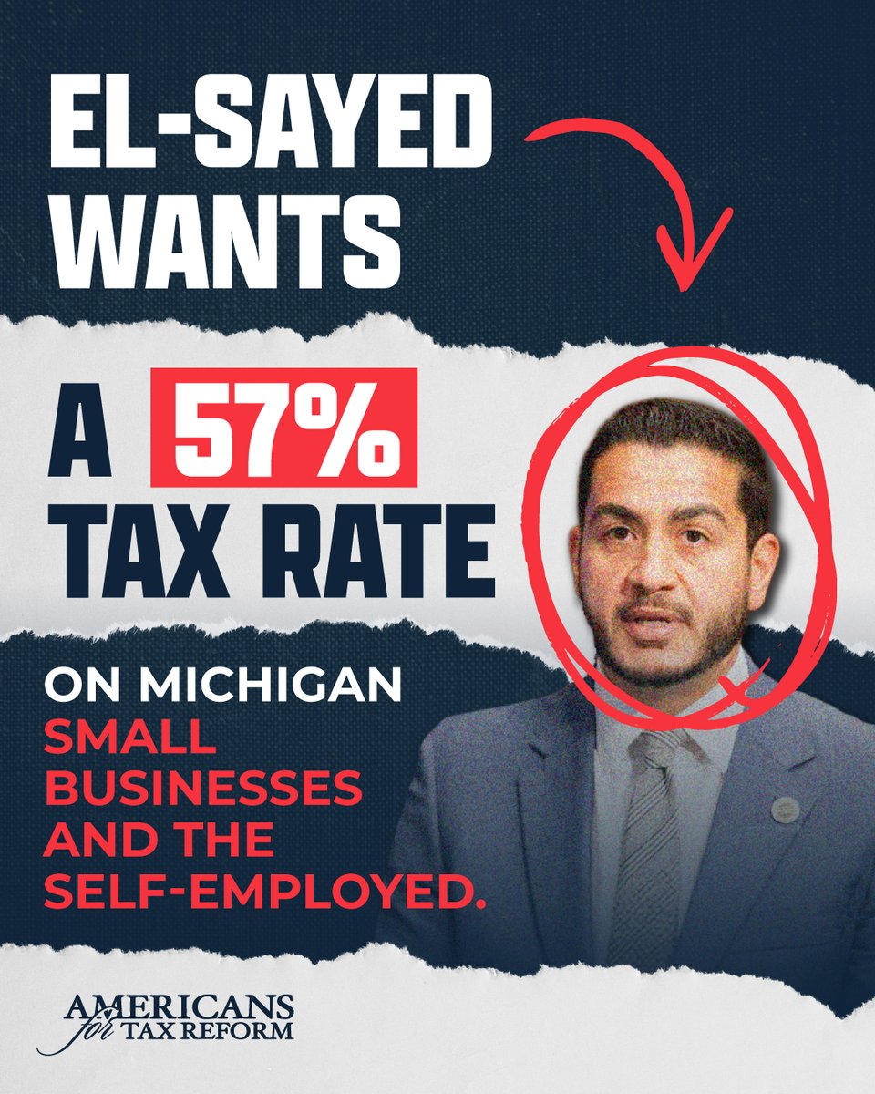 GroverNorquist's tweet photo. .@AbdulElSayed wants a 57% tax rate on Michigan small businesses and the self-employed.

He said he would eliminate the payroll-tax cap. That is a top combined rate of 57.45%.

Contractors, pass-throughs, and the self-employed pay this on the owner's return. He also wants a death tax starting at $1 million.