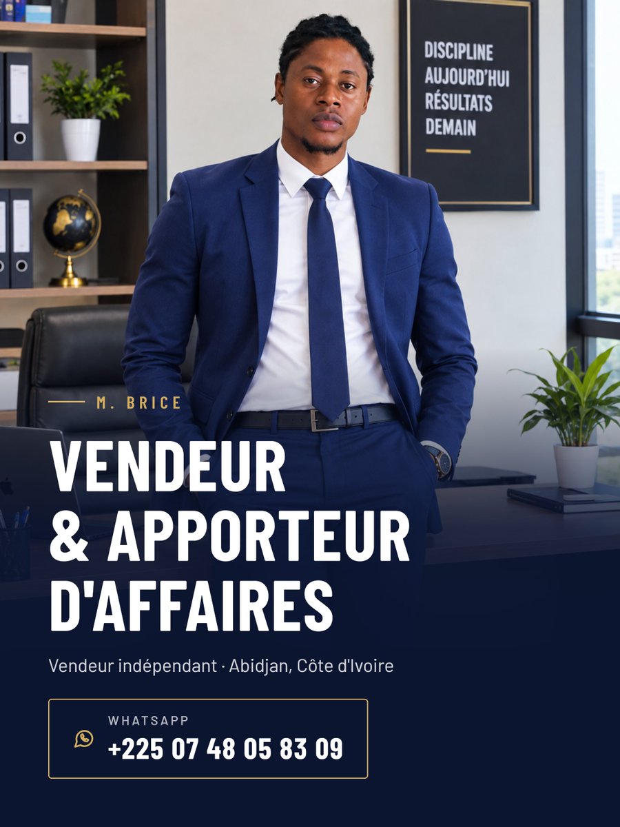 MrBriceugene's tweet photo. Je suis M. Brice, vendeur indépendant et apporteur d'affaires à Abidjan. Je vous mets en relation avec les bonnes personnes et je vous aide à conclure vos affaires, avec sérieux et discipline.
WhatsApp : +225 07 48 05 83 09
Écrivez-moi, on en parle !
#Abidjan #CôteDIvoire https://t.co/ZbtFRQFx6m
