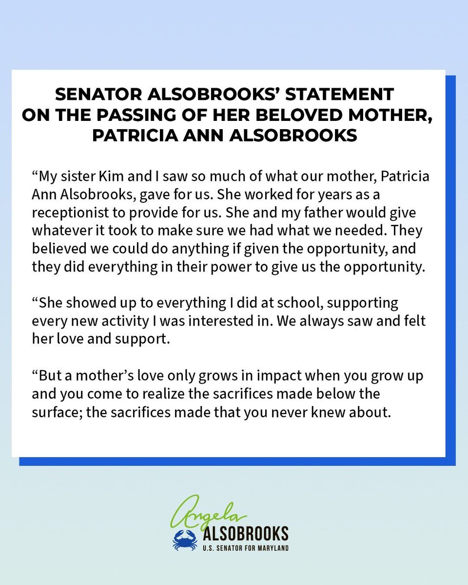 Sen_Alsobrooks's tweet photo. We are saddened to share the passing of Senator Alsobrooks’ beloved mother, Patricia Ann Alsobrooks. 

We ask for privacy for the Senator and her family at this time. https://t.co/DLS4u0nQko