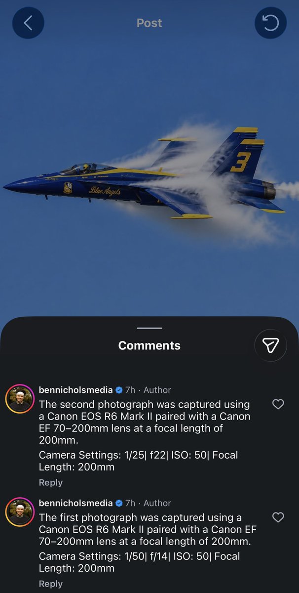 jkadamsphoto's tweet photo. This dude on IG is really trying to pass this crap off as "photos" of the Blue Angels 🤣🤣🤣

This is f'n gold

My favorite part is his exposure settings 🤣🤣🤣 https://t.co/LLnetdUOod