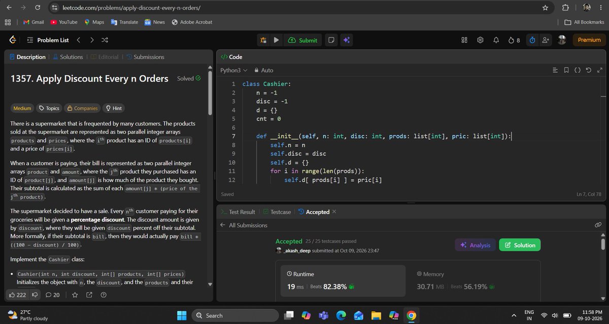 _deep_star's tweet photo. Hello All, I completed #Day1011 of #365DaysofCode Challenge with @scaler_official
Question: Apply Discount Every n Orders
discord link: https://t.co/8JQpNSUK1v
#letsconnect #scalerdiscordcommunity #codewithscaler #365daysofcodescaler #365DaysofCode https://t.co/phibeaTOXJ