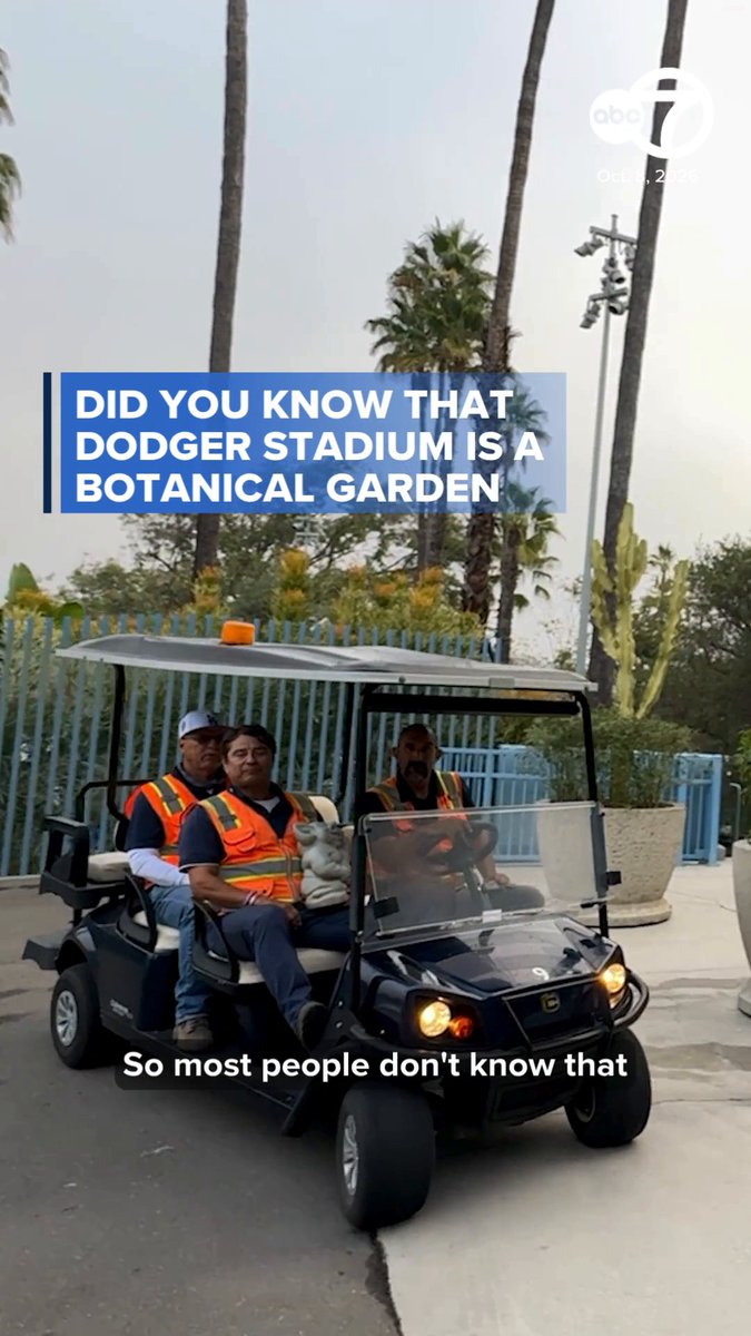 Workers in orange vests ride in a golf cart at Dodger Stadium, with text reading 'DID YOU KNOW THAT DODGER STADIUM IS A BOTANICAL GARDEN' and 'So most people don't know that'.