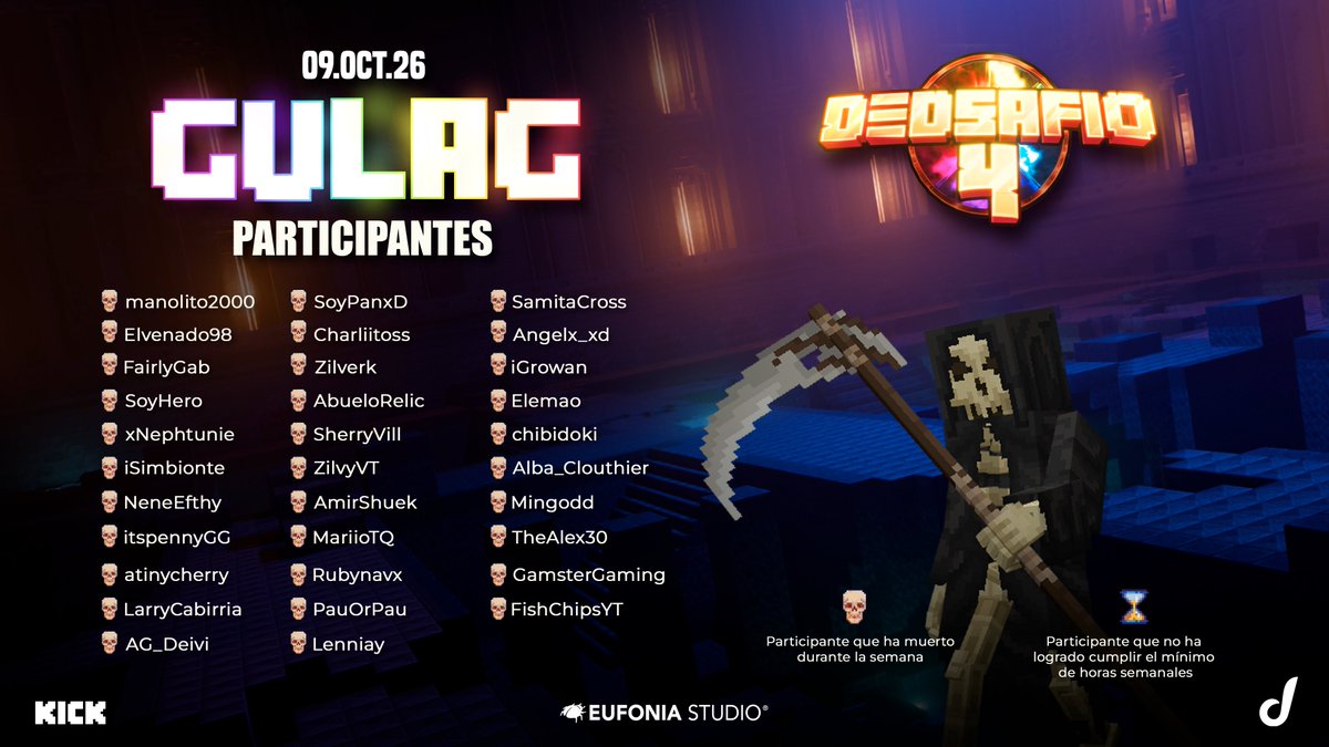 dedsafio's tweet photo. ¡HOY ES EL GULAG DEL DEDsafio Minecraft 4! ☠️ 

32 PARTICIPANTES van al GULAG a pelear por su lugar en la serie.   

9 de Octubre - 4 PM hora CDMX