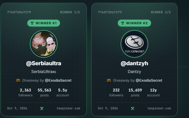 ExodiaSecret's tweet photo. Here is the list of winners 

Multiple rerolls had to be done, but we rolled it live on stream. Watch the VOD if you wanna see it. 

Congrats to the winners; make sure to open a ticket on my site. https://t.co/2VjAtVJLM5