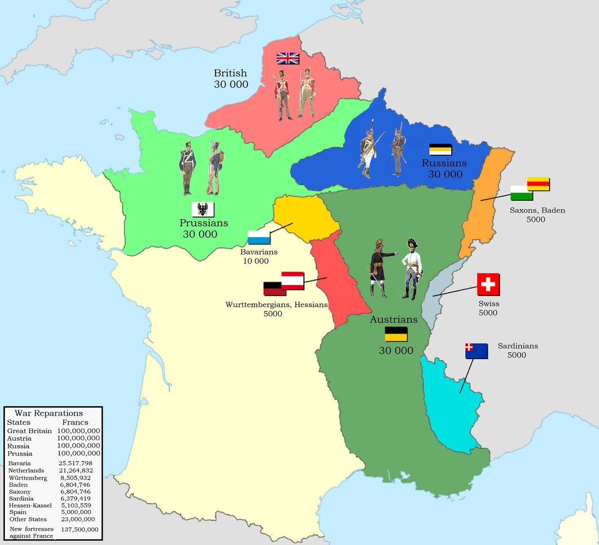 GanzeGeschichte's tweet photo. It’s crazy that France first invaded half of Europe, suffered a total defeat at the hands of the Allies in 1815, and was still allowed to keep Alsace-Lorraine. In fact, France lost virtually no territory at that time. Just a few decades later, France was already invading Russia (Crimea, 1853), Mexico (1861), and finally Prussia (1870). But the Germans defeated the French together in 1871.
This map shows the occupying forces in France following Napoleon's defeat in 1815.