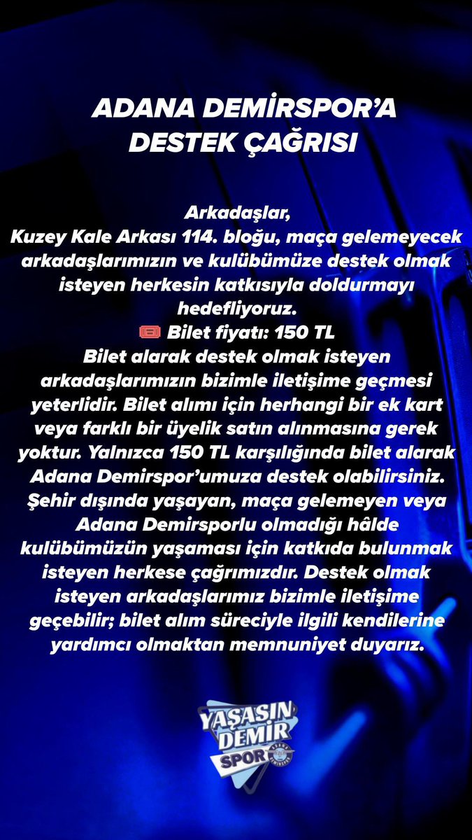 bosunatiklamaDS's tweet photo. 🔵 #BirBiletteSenAl

Maça Gelemeyecek Yada Bilet Alıp Destek Olmak İsteyen Taraftarlarımızı Kuzey Kale Arkası 114. Bloktan Sembolik Bilet Almaya Çağırıyoruz!

Bilet Almak İsteyen Taraftarlarımız Mesaj Atarsa Liste İçin İsimlerini Almak İsteriz.

#YaşasınDemirspor https://t.co/K3QeX1nq6V