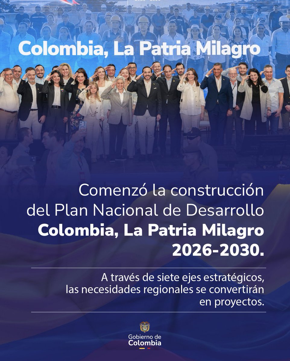 infopresidencia's tweet photo. La construcción del Plan Nacional de Desarrollo, Colombia, La Patria Milagro inició con su primera mesa de 12, en Pereira, allí gobernadores, alcaldes y la ciudadanía expondrán las necesidades de sus territorios para que Planeación Nacional, bajo el liderazgo de Julián Buitrago, establezcan las prioridades que se convertirán en proyectos de desarrollo.

La escucha activa del gobierno del presidente Abelardo De La Espriella será la estrategia que permitirá a los colombianos expresar las necesidades que solo ellos conocen.

Estos son los 7 ejes estratégicos del Plan Nacional de Desarrollo, Colombia, La Patria Milagro 2026 - 2030:

-Resiliencia y reconstrucción luego del terremoto
-Patriotismo constitucional
-Agro social
-Milagro económico
-Colombia desde las regiones
-Transformación del Estado
-Milagro de la formación