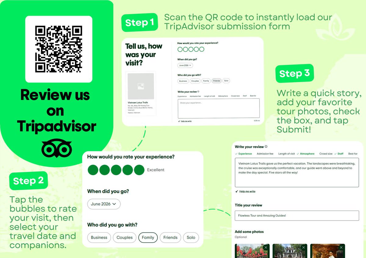 besima2m's tweet photo. Your journey. Your story. Your review. Traveled with Vietnam Lotus Trails? Share your experience on TripAdvisor. Your feedback helps us improve and inspires future travelers to discover Vietnam with confidence. Scan the QR code to leave your review. https://t.co/dTRXGjQLz6
