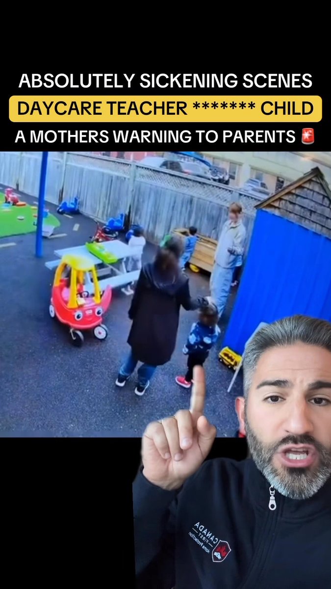 A warning video thumbnail featuring a man pointing upward, with text reading 'ABSOLUTELY SICKENING SCENES - DAYCARE TEACHER [redacted] CHILD - A MOTHERS WARNING TO PARENTS,' accompanied by surveillance footage of a playground.