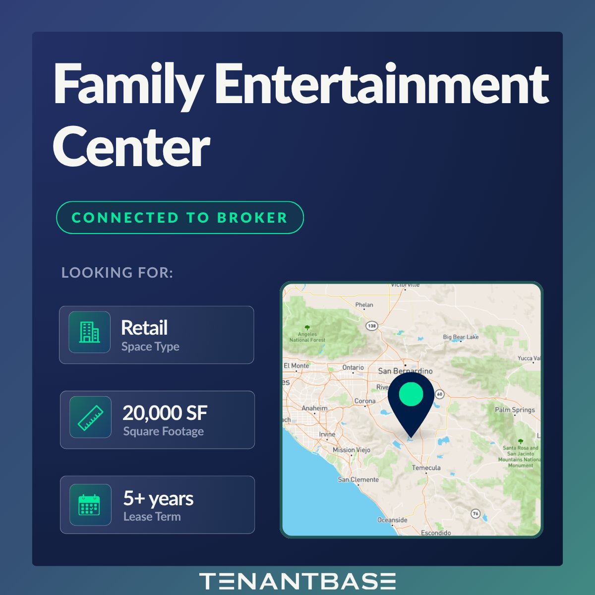 TenantBase's tweet photo. Connected 🎟️
TenantBase matched a family entertainment center with a partner broker in the Inland Empire, CA market.
20,000 SF retail requirement | 5+ year lease term
#TenantBase #TenantRep #InlandEmpireCommercialRealEstate #RetailRealEstate #CRE https://t.co/MClGY3olYf