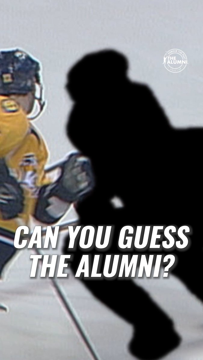 A teaser image with text "CAN YOU GUESS THE ALUMNI?" showing a silhouetted figure alongside a hockey player, branded with "THE ALUMNI" logo.