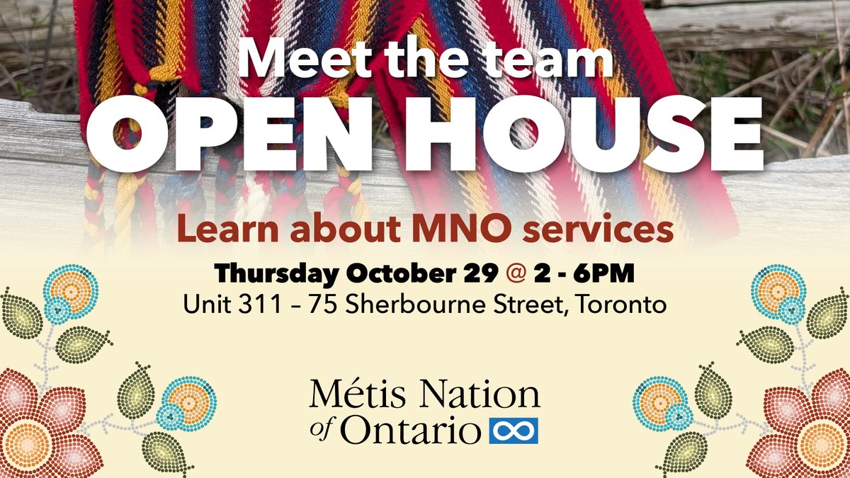 MetisNationON's tweet photo. Join Toronto MNO staff and Toronto &amp; York Region Métis Council members for an Open House on Oct. 29, 2026, from 2-6 p.m. Learn about our programs and services and connect with the community. Door prizes available. 

Kindly RSVP if you plan to attend: https://t.co/EovZnEbGOj https://t.co/JwNE4zuSDX