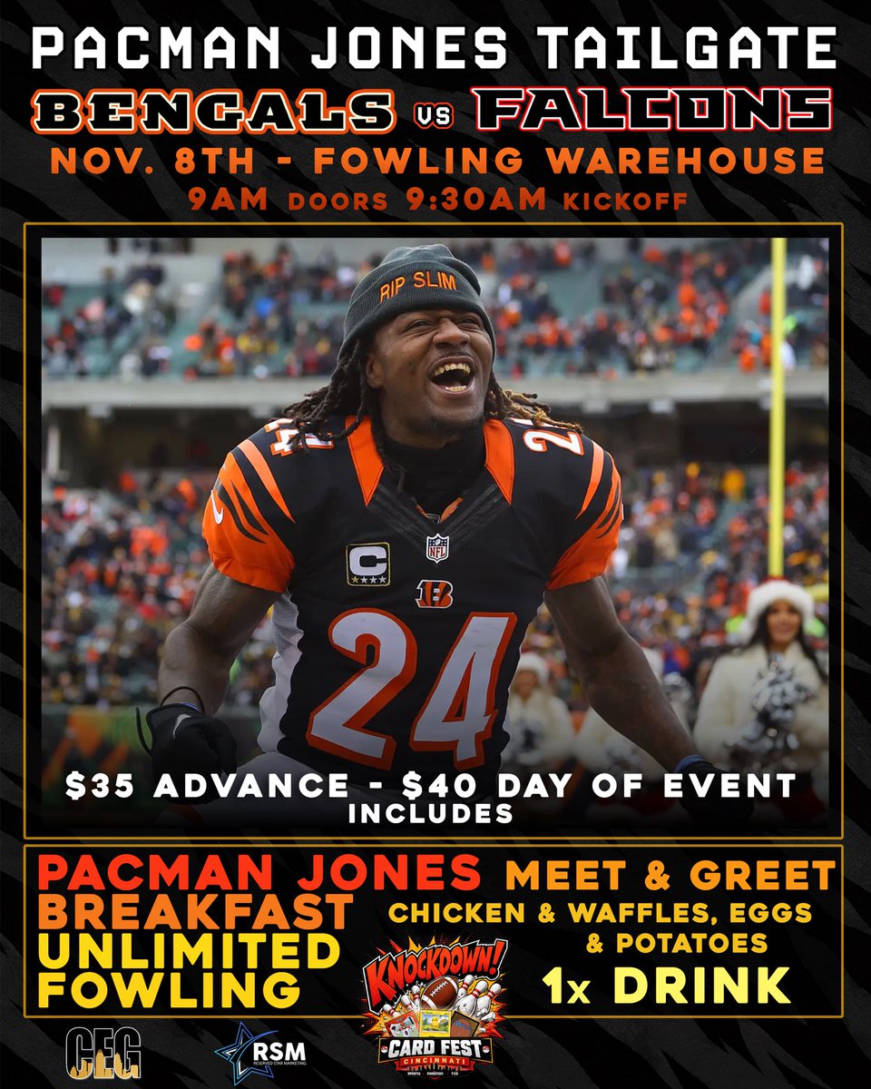 3BallCook's tweet photo. Bengals fans join us Sunday November 8th! @FowlingCincy special guest @REALPACMAN24 for the Bengals &amp; Falcons game! #whodey 🏈🐅 https://t.co/ByojhFSIOq