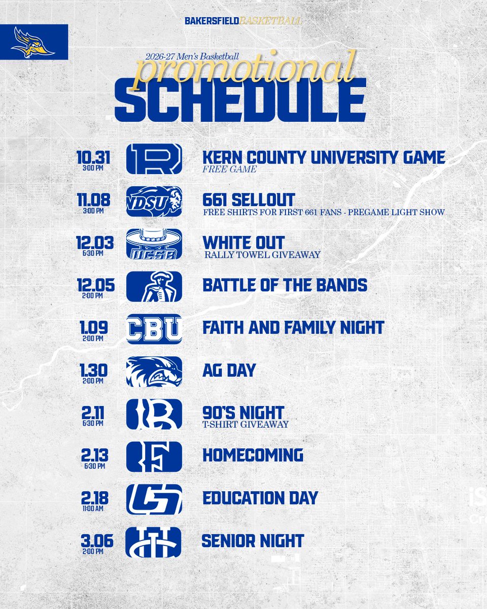 CSUB_MBB's tweet photo. 2026-27 𝑷𝒓𝒐𝒎𝒐𝒕𝒊𝒐𝒏𝒂𝒍 𝑺𝒄𝒉𝒆𝒅𝒖𝒍𝒆 is here‼️🏀

#GoRunners | #GetRowdy https://t.co/LqG30obh8X