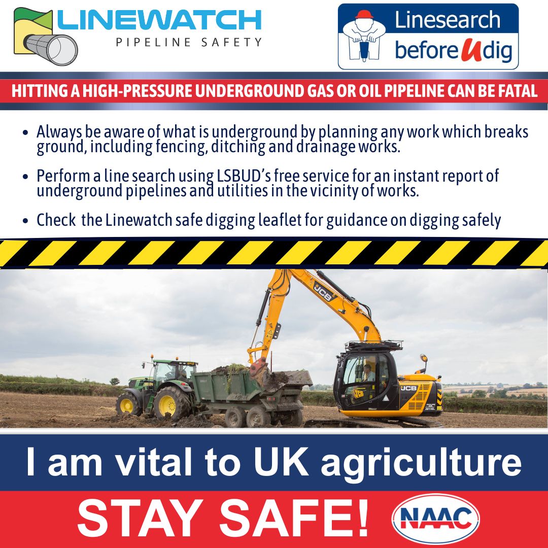 TheNAAC's tweet photo. USE THE NATIONAL SAFE DIGGING SERVICE: LINESEARCH Before you dig, check for gas & oil pipelines & STAY SAFE! https://t.co/m9o1wbqu6J Download the safe digging leaflet https://t.co/Z3eSIykLMJ #Agriculture #Farming #IamVitaltoUKAgriculture #StaySafe! @LinewatchSafety https://t.co/20BY4Tc95n