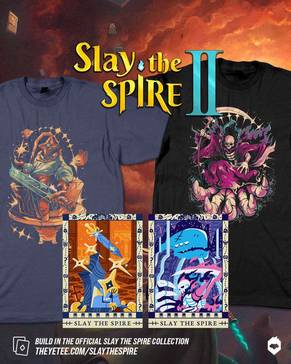 MegaCrit's tweet photo. The Slay the Spire collection at @theyetee just got some starry and skeletal additions!! 💀✨

Show off your love for the Spire's latest slayers with these beautiful brand new prints and tees of the Regent and the Necrobinder!

🔗 https://t.co/xABv8e677P https://t.co/1jE2IKu8vc