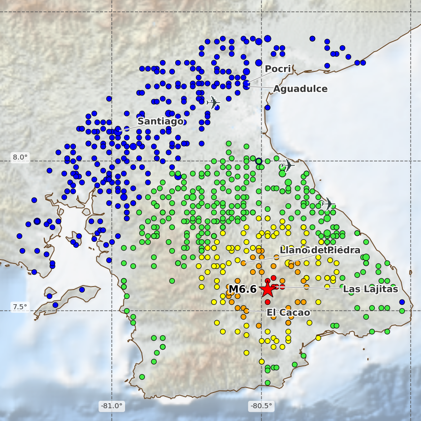 QLARM's tweet photo. [Automatic, not verified!] EARTHQUAKE M6.6. Origin Time: 2026-10-09 18:22:16 UTC, Panama (7.57 ; -80.48), Depth: 10 km, source: GFZ. Estimated fatalities: 30 to 250, injured: 120 to 820. #earthquake #quake https://t.co/o6safmNVk1