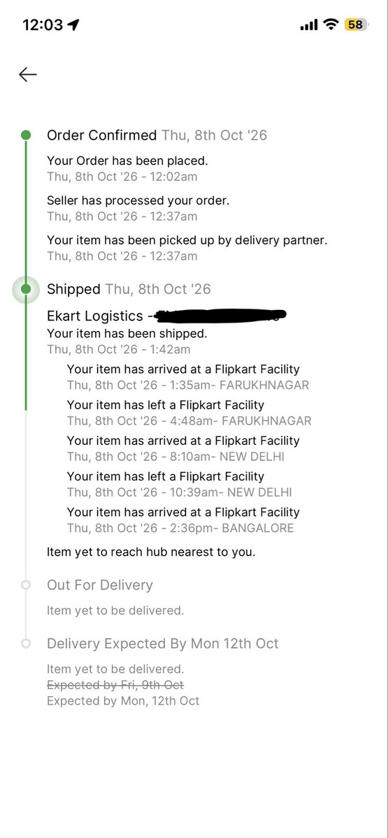 aakritayyyyy's tweet photo. Absolutely pathetic logistics by @Flipkart. My iPhone order went from delivery on Oct 9 to Oct 10 and now Oct 12, despite allegedly being at the nearest hub. Executives give conflicting updates, and a “technical error” is the excuse. This is unacceptable! Fix your logistics. https://t.co/4tsc9PWLMC