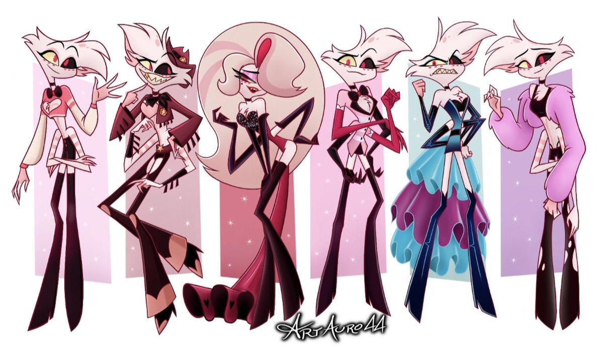 Artauro44's tweet photo. All Angel Dust outfits from Season 2!! 

(+ more in the comments..) 
#hazbinhotel #hazbinhotelfanart #angeldust #angeldustfanart #hellaversefanart https://t.co/TzBv75ZwuE