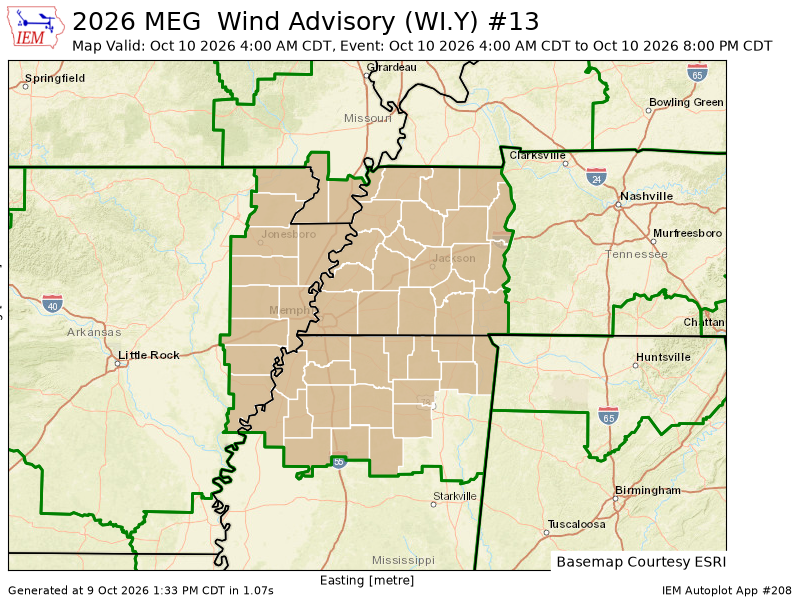 mem_weather's tweet photo. MEG issues Wind Advisory valid at Oct 10, 4:00 AM CDT for 10 forecast zones in [AR] and 2 forecast zones in [MO] and 18 forecast zones in [MS] and 21 forecast zones in [TN] till Oct 10, 8:00 PM CDT https://t.co/Gp7fjhrCGX https://t.co/C5bApbZhjp