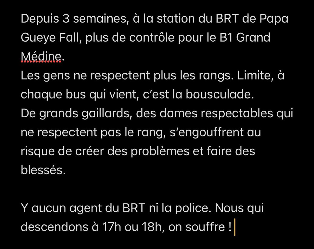 ecris_le_tien's tweet photo. Depuis 3 semaines, à la station du BRT de Papa Gueye Fall, plus de contrôle pour le B1 Grand Médine. 
@Sunubrtofficiel https://t.co/jhTHEEAk4Q