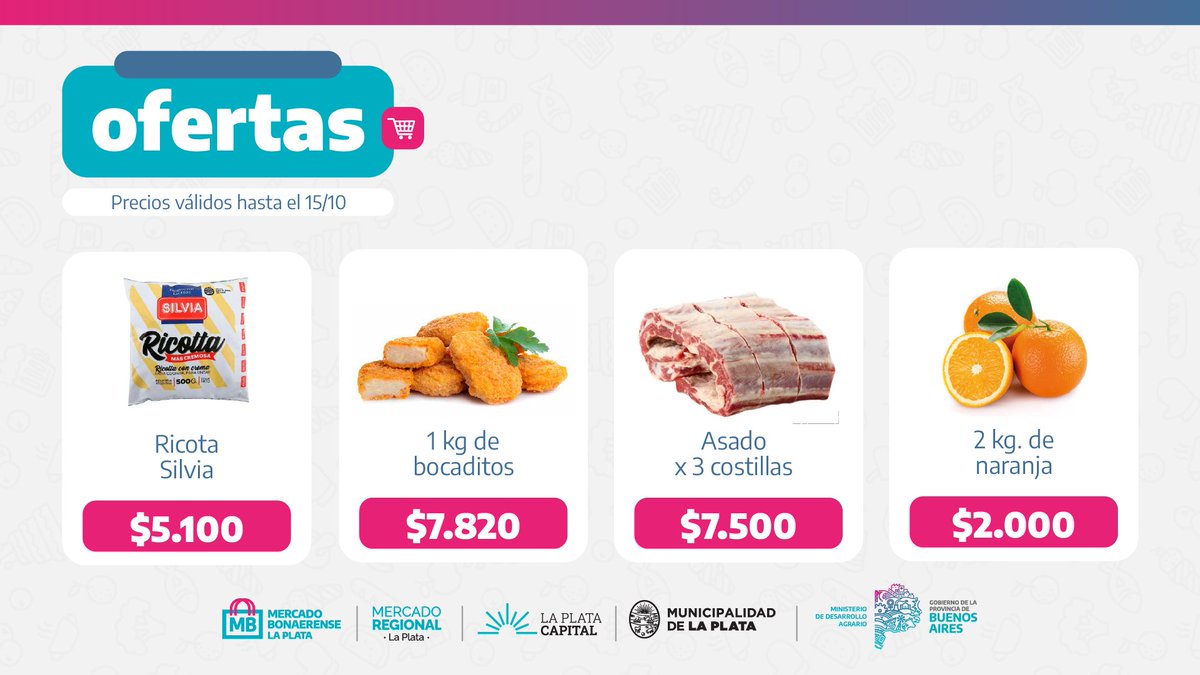LaPlataMLP's tweet photo. ¡Ya están las nuevas ofertas del Mercado Bonaerense! 🙌🛒

Ingresá al link para ver los precios válidos hasta el 15/10 👉 https://t.co/1XbZxcYrQv https://t.co/xd88kf1wOa