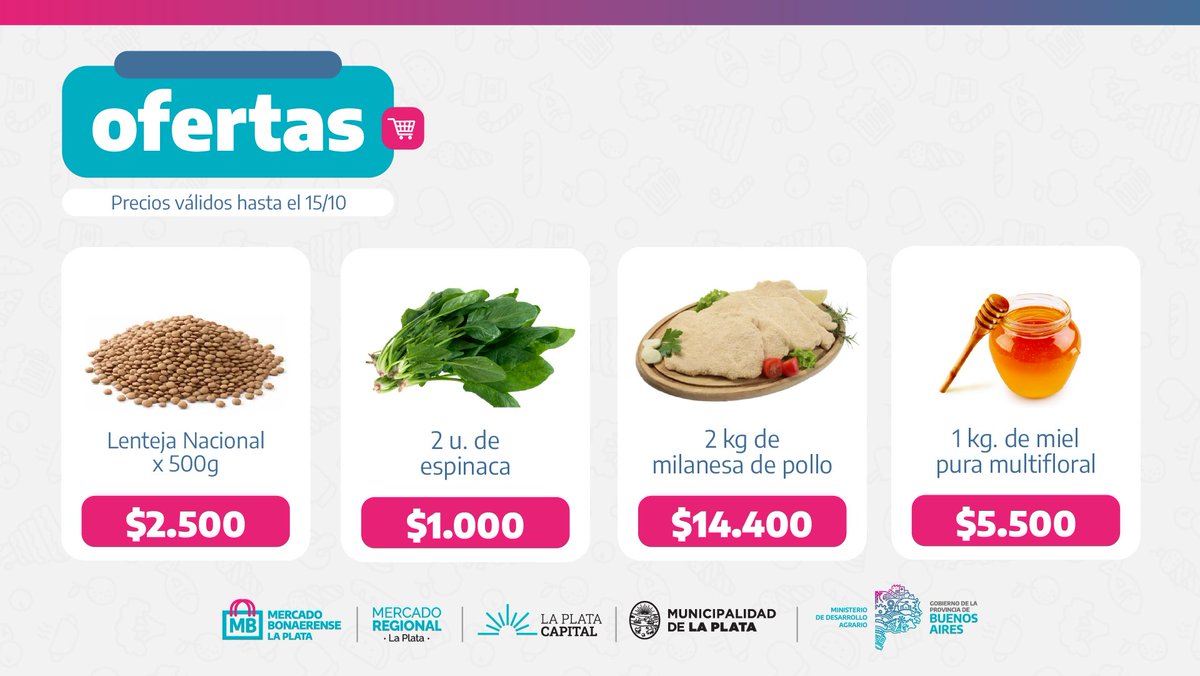 LaPlataMLP's tweet photo. ¡Ya están las nuevas ofertas del Mercado Bonaerense! 🙌🛒

Ingresá al link para ver los precios válidos hasta el 15/10 👉 https://t.co/1XbZxcYrQv https://t.co/xd88kf1wOa