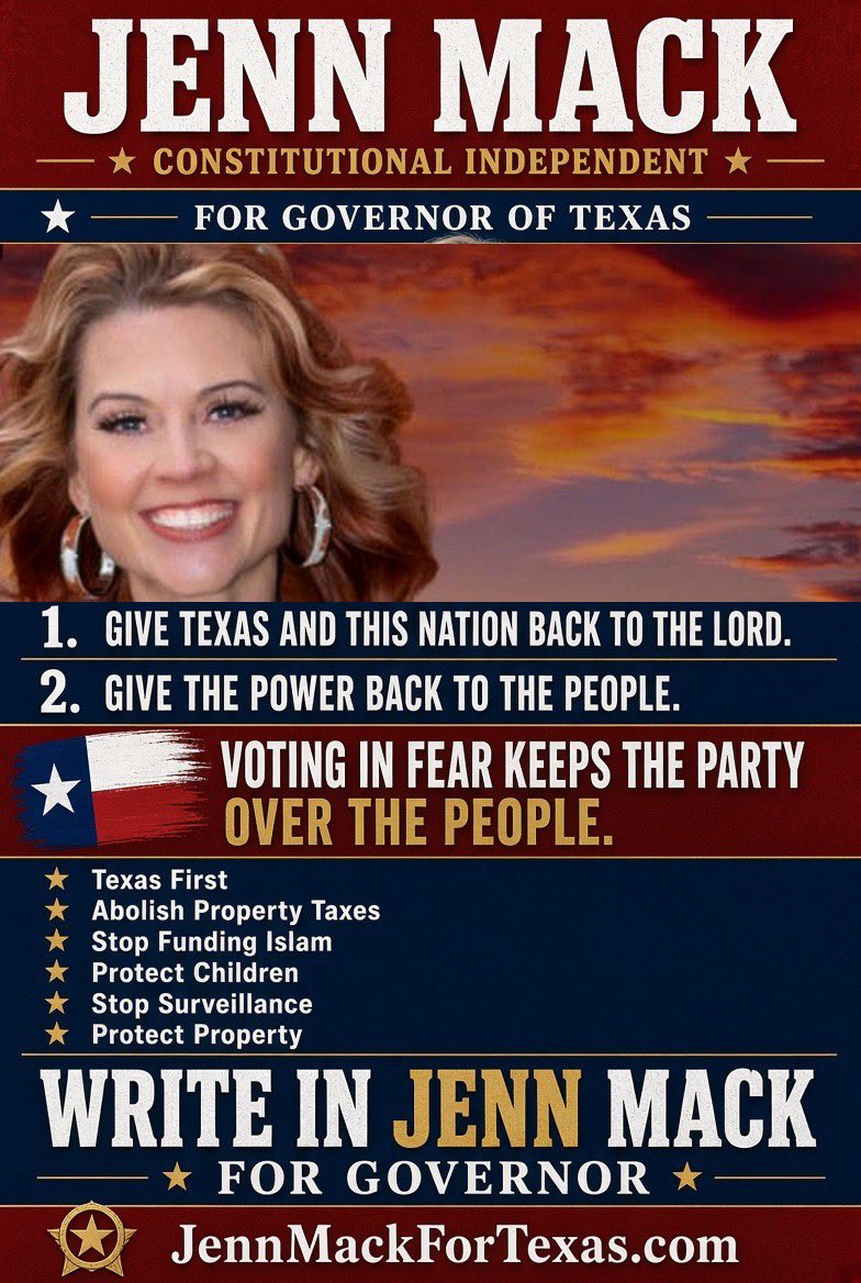 cptxorg's tweet photo. MARK YOUR CALENDAR: Early voting in Texas starts Oct 19! Make your plan to vote to DEFEAT  THE  D-R  UNIPARTY NOW!!! Write In JENN MACK!

#JennMack @IamtheGlitch_TX
https://t.co/3mDSZM04JS https://t.co/jigQBJiO9z