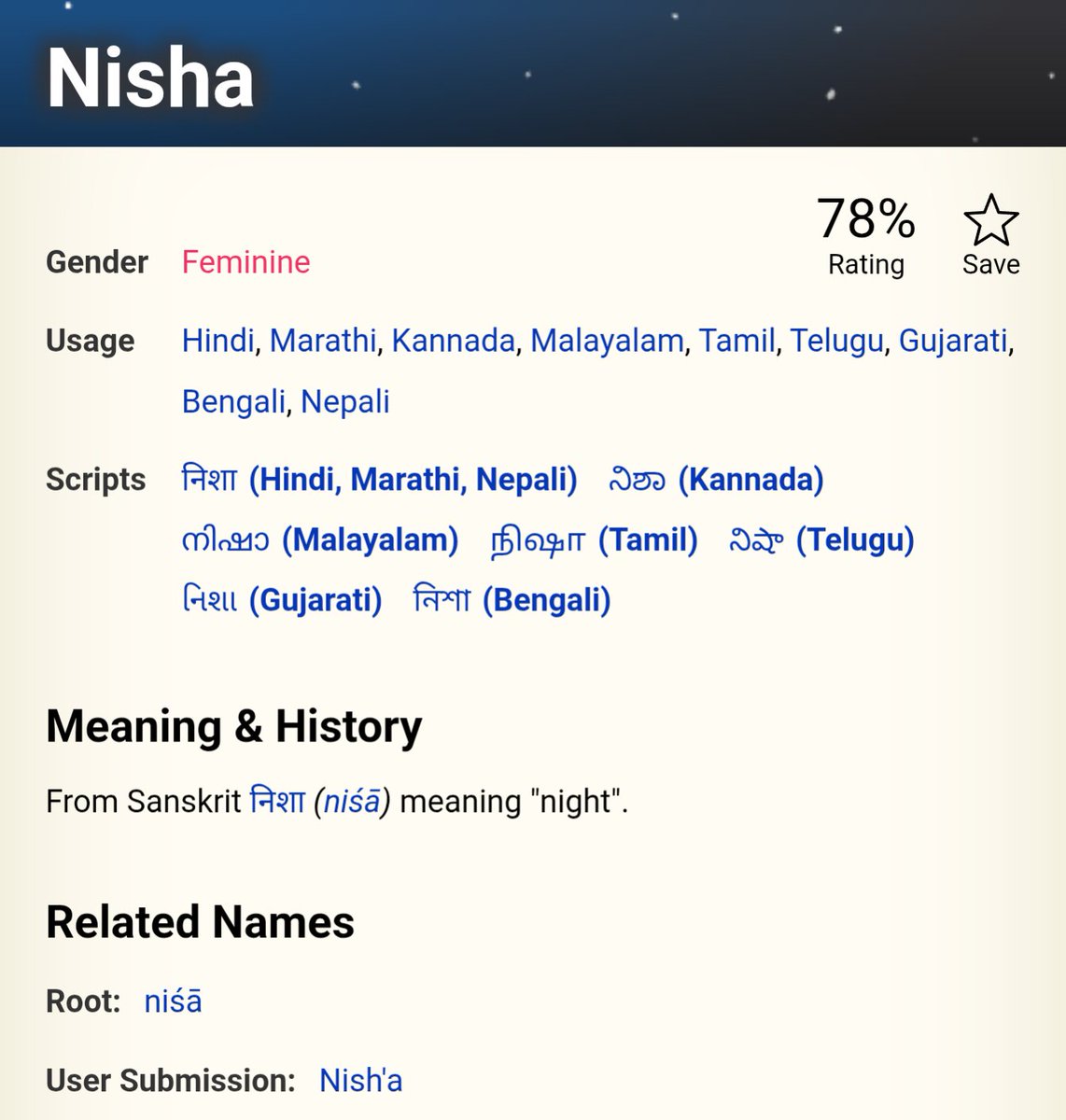 pulpfree0j's tweet photo. I love searching up the meanings of names and these were interesting especially Nisha. Geet and Pavi weren't available https://t.co/NIEppHkzYv
