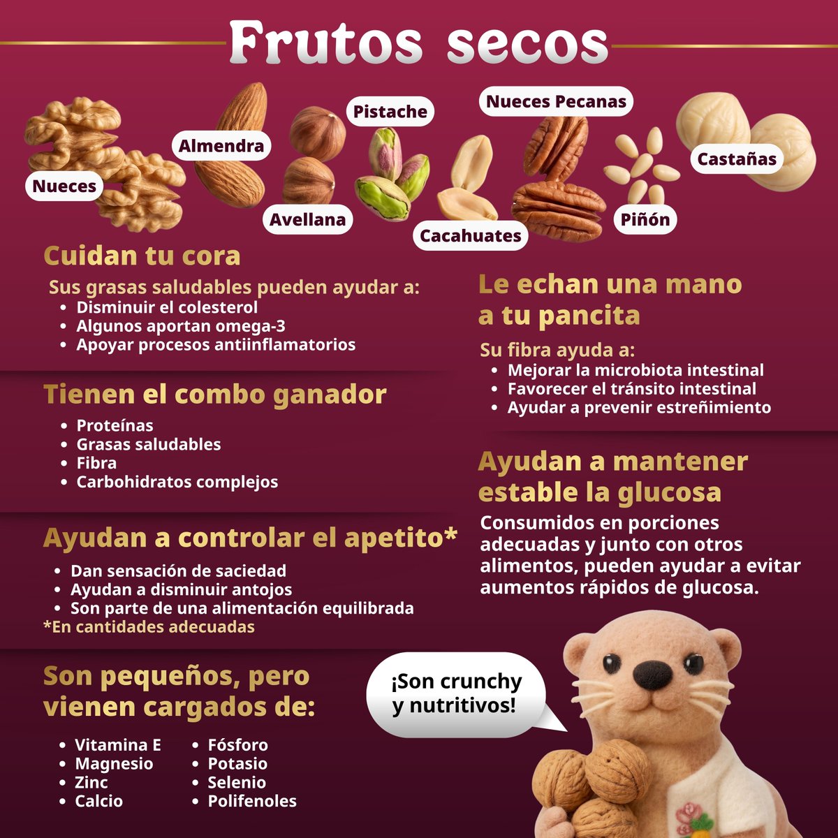 ISSSTE_mx's tweet photo. 🌰 Pequeños en tamaño, enormes en versatilidad. ✨

Los frutos secos no solo son un snack para quitar el antojo: 🤎 Pueden convertirse en grandes aliados para complementar una alimentación equilibrada, ya que combinan sabor, textura y nutrientes en cada bocado. 🥜✨

👀 El secreto no está en comer más, sino en elegir mejor y disfrutar la porción adecuada. 😉