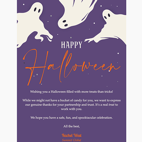 cloudHQ's tweet photo. 4/ Greetings
Not throwing anything? A one-line Happy Halloween to clients from the sales team, a plain eCard for the family group, and one for a student. https://t.co/7YMuNztmkH