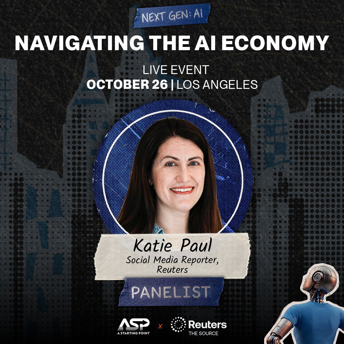 ASP's tweet photo. KEY SPEAKER ALERT: Reuters Social Media Reporter @katielpaul joins ASP &amp; @Reuters for Next Gen AI in LA on Oct. 26. 

Request a ticket: https://t.co/FtmTSZor1T https://t.co/bgfix2QOhg