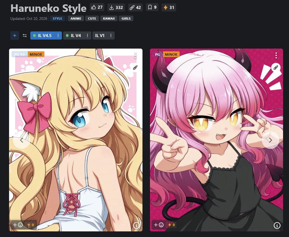 Inatsuka's tweet photo. 私の絵柄を学習させたLoRA「Haruneko Style」のV4.5を公開しました！

学習量を調整した結果、崩壊する状況が激減し、かなりハルねこっぽい絵が出るようになってます！

使ってみた人は画像投稿とかしてくれると嬉しいぞ

↓リプにリンク↓ https://t.co/D9KUr9eNkq