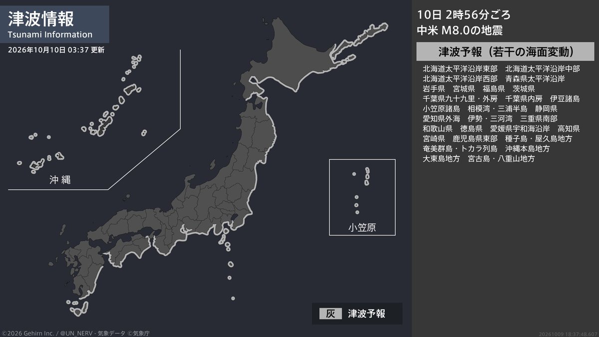 UN_NERV's tweet photo. 【津波情報 2026年10月10日】
津波予報（若干の海面変動）を発表しました。
［震源に関する情報］
2時56分頃、中米（パナマ）を震源とする地震。震源の深さは不明、地震の規模はM8.0と推定。 https://t.co/UaeYASlvzp