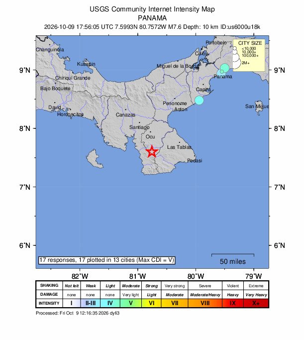 SismoMundial's tweet photo. 🚨 PANAMÁ | TERREMOTO M7,6
Un fuerte sismo sacudió Panamá a las 12:56 hora local, con epicentro cerca de Pitaloza Arriba y 10 km de profundidad.

🌊 De forma preliminar, el PTWC emitió un aviso de tsunami que abarca las costas de 9 países.

🔗 https://t.co/pPxUzBIjM3 https://t.co/UeOuo3Ffh0