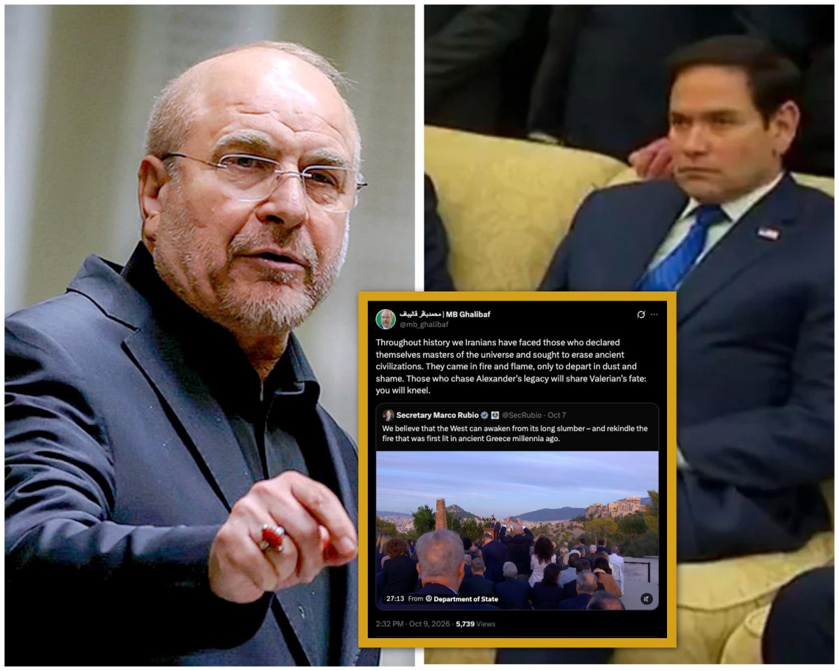 RyanRozbiani's tweet photo. Iran's Speaker of Parliament just WRECKED Marco Rubio for his attack on Iran
 
Dr. Mohammad Bagher Ghalibaf:
Throughout history we Iranians have faced those who declared themselves masters of the universe and sought to erase ancient civilizations. 

They came in fire and flame, only to depart in dust and shame. Those who chase Alexander’s legacy will share Valerian’s fate: you will kneel.