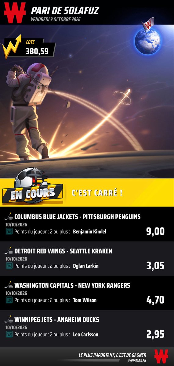 SoLaFuz's tweet photo. Bon ce soir 4 matchs on va tenter quelque chose ! 🧐

Good luck 🍀

+59 https://t.co/HFRtBUDAY6

+36,97 https://t.co/MS8QvGSjbq

+380,59 https://t.co/2Ql8B5nW4M

+157,50 https://t.co/nyzCvoIC24

#teamparieur #BettingCommunity #NHLBetting #NHL https://t.co/PYhkAoekdB