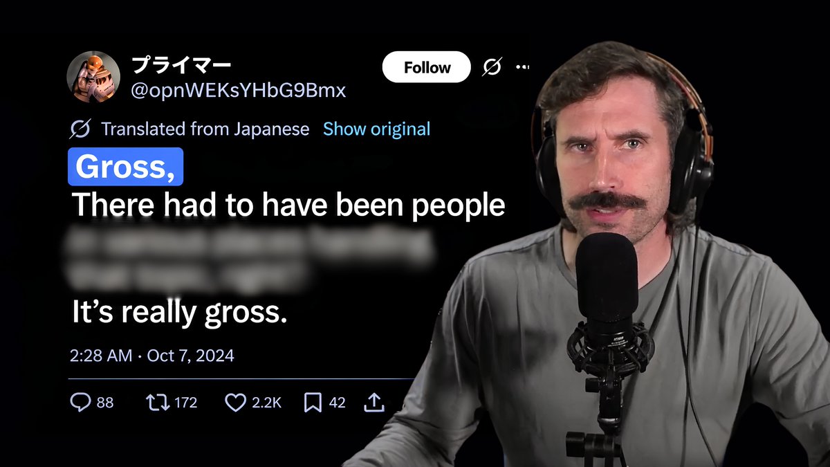 A podcast host with a mustache and headphones sits in front of a microphone beside a tweet in Japanese from user "プライマー @opnWEKsYHbG9Bmx" dated October 7, 2024, that reads "Gross, There had to have been people" followed by a blurred line and "It's really gross." The post relates to the "bullish on Math people can't do" theme by highlighting how commenters are expressing disgust at something they refuse to acknowledge happened, suggesting widespread denial of a mathematical reality.