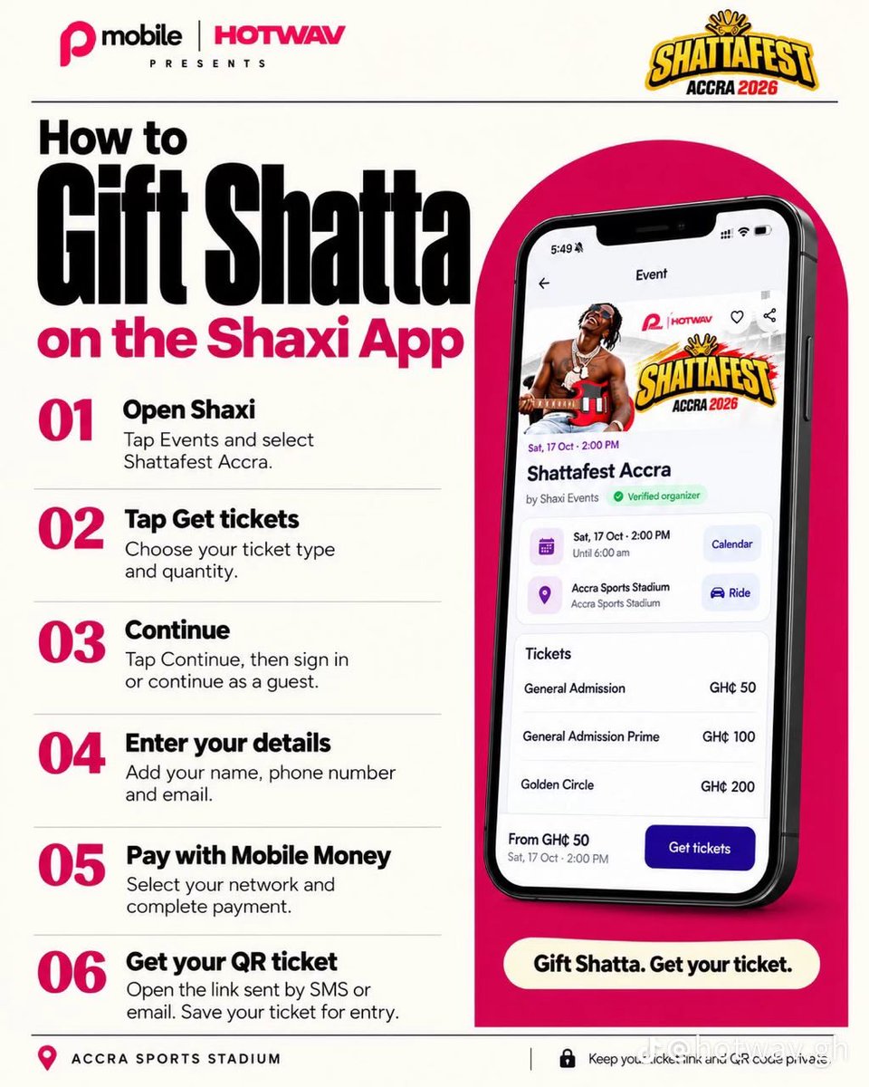 Rolandamartey's tweet photo. 🚨🔥 SHATTAFEST TICKETS ARE SELLING OUT FAST! 🔥🚨
The excitement is REAL, and tickets are moving FAST! 🎟️ Don’t wait until it’s too late.
📲 Download the Shaxi App NOW and secure your ShattaFest tickets before they’re gone!
#ShattaFest2026 #Shaxi #ShattaMovement #ShattaWale https://t.co/vl0e44UDIq